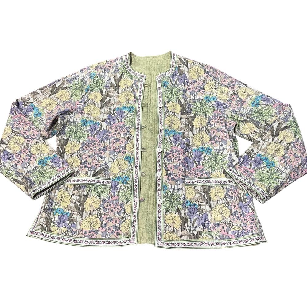 Reversible Quilted Floral Jacket Green Pink Blue Botanical Print Coat Whimsical